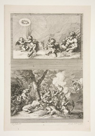 felső fele: Folyóisten és Putti játszik a hírnév szimbólumaival alsó fele: Cupido büntetése alkotó: Joachim von Sandrart
