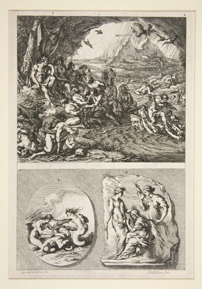 felső fele: Quos Ego? alsó fele: Két antik dombormű: A három sors és egy ismeretlen téma alkotó: Joachim von Sandrart
