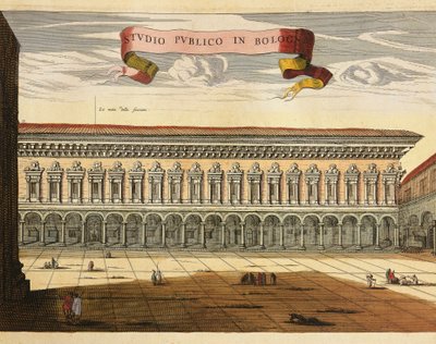 Olaszország, Bologna, Kilátás a nyilvános dolgozószobára (Studio Pubblico) 1600-ban, metszet a Theatre of the United States and Admirands of Italy-ból Jean Blaeu, Amszterdam alkotó: Joan Blaeu