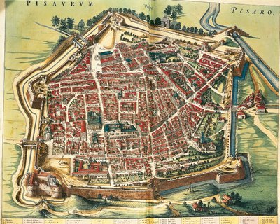 Olaszország, Pesaro térképe, Joan Blaeu város és Olaszország csodái színházából, metszet alkotó: Joan Blaeu