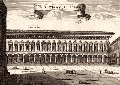 Archiginnasio palota, Bologna, Emilia-Romagna, Olaszország, rézmetszet, kb 21x29 cm alkotó: Joan Blaeu