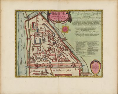 századi moszkvai Kreml-térkép (Castellum Urbis Moskvae), 1600 körül (metszet és akvarell) alkotó: Joan Blaeu