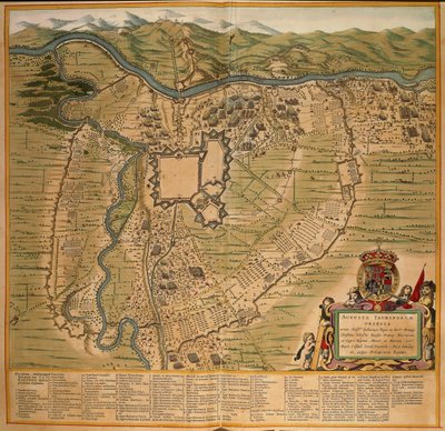 Torino ostroma 1639-ben, Joan Blaeu színes metszete a Sabaudiae Színházból, Olaszországban nyomtatva alkotó: Joan Blaeu