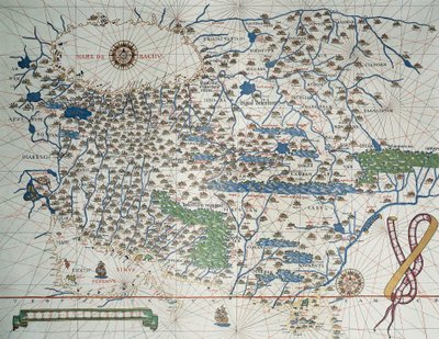 Ázsia térképe, beleértve Örményországot, Iránt, Afganisztánt, szélrózsával, kikötők, partok és tengeri útvonalak részleteivel az Atlas de Joan Martinesben alkotó: Joan Martines