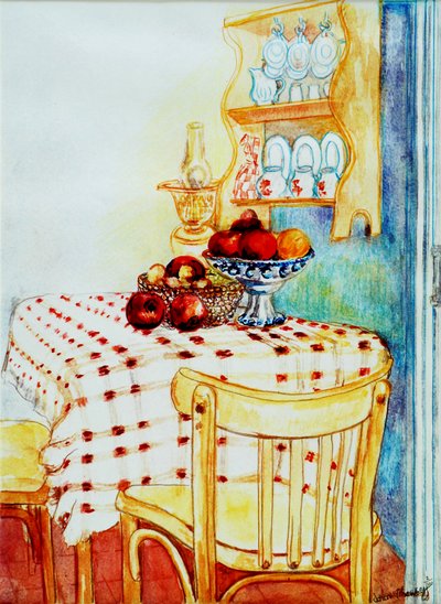Házi konyhaasztal almával, 2005,(víz színű) alkotó: Joan Thewsey
