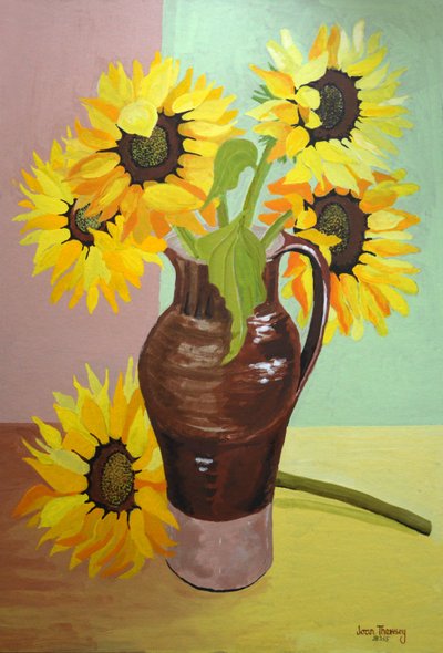 Öt napraforgó magas barna kancsóban, 2007 (gouache) alkotó: Joan Thewsey