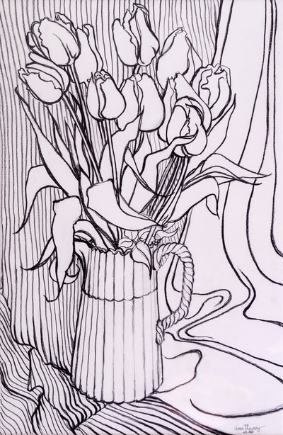 Tulipánok csíkos szövet ellen, 2000, grafit alkotó: Joan Thewsey