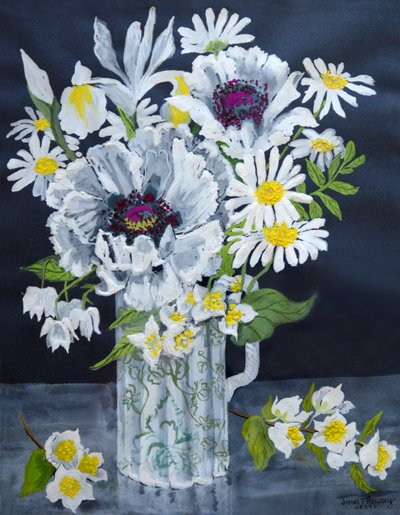 Fehér pipacsok, Marguerites és Philadelphus, (guache) alkotó: Joan Thewsey