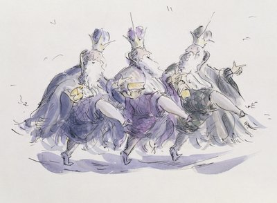 Három Királyok Jig-t táncolnak (toll, tinta és wc papíron) alkotó: Joanna Logan
