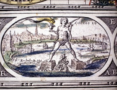 Az ókor hét csodájának ábrázolása: a rodoszi kolosszus. az 1630-ban Amszterdamban nyomtatott Jansson Jannsonius atlaszában. Magángyűjtemény. alkotó: Joannes Jansson