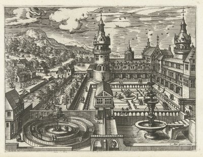 Kastély labirintussal és szökőkúttal Tájképek, tengeri tájak és ötletes városképek (sorozat címe) alkotó: Joannes van Doetechum (I) (attributed to)