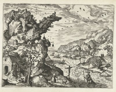 Táj Szent Kristóffal Tájak, tengeri tájak és ötletes városképek (sorozat címe) alkotó: Joannes van Doetechum (I) (attributed to)