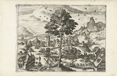 Táj egy várossal a folyón Tájképek, tengeri tájak és ötletes városképek (sorozat címe) alkotó: Joannes van Doetechum (I) (attributed to)