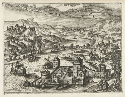 Folyói táj árkos várral Tájak, tengeri tájak és ötletes városképek (sorozat címe) alkotó: Joannes van Doetechum (I) (attributed to)