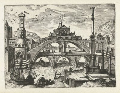 Város épített híddal Tájképek, tengeri tájak és ötletes városképek (sorozat címe) alkotó: Joannes van Doetechum (I) (attributed to)