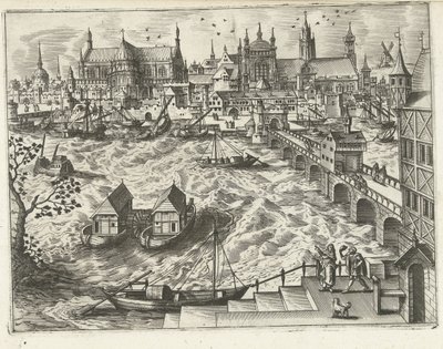 Városkép híddal és kikötővel Tájak, tengeri tájak és ötletes városképek (sorozat címe) alkotó: Joannes van Doetechum (I) (attributed to)