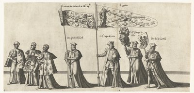 Deel van de optocht, nr. 3 a 4-ben Begrafenisoptocht van Keizer Karel V, 1558 (sorozat címe) A csodálatos és fényűző temetkezési pumpa, amelyet a nagyon nagy és nagyon győztes Ötödik Károly császár temetésén és temetésén adtak elő, amelyet Bru városában ün alkotó: Joannes van Doetechum (I)