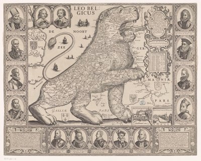 A tizenhét tartomány térképe a holland oroszlán alakjában Leo Belgicus (cím a tárgyon) alkotó: Joannes van Doetechum (II)