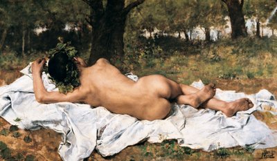 "" Fiatal Bacchus "" Bacchus hátulról megnyúlik egy lepedőn a fűben. Joaquin Agrasot y Juan (1836-1919) festménye 1872 körül, Valencia. Bellas Artes San Pio V. Múzeuma. alkotó: Joaquin Agrasot y Juan