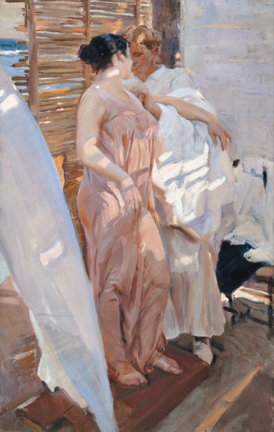 A rózsaszín köntös. Fürdés után alkotó: Joaquín Sorolla