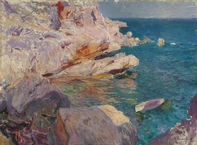 Jávea sziklák fehér csónakkal. 1905 alkotó: Joaquín Sorolla