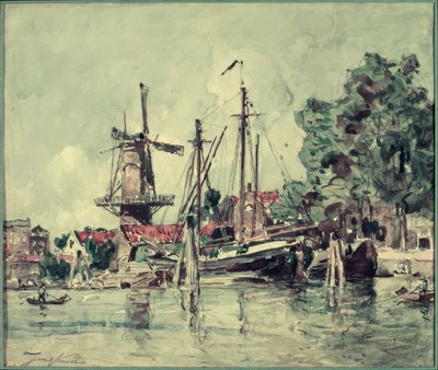Hollandiában a csónakok a malom közelében alkotó: Johan Barthold Jongkind
