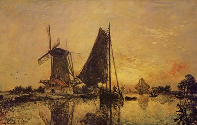 Hollandiában, Hajók a szélmalom közelében, 1868 alkotó: Johan Barthold Jongkind