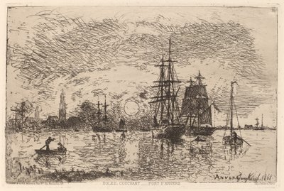 Lenyugvó nap az antwerpeni kikötő felett alkotó: Johan Barthold Jongkind
