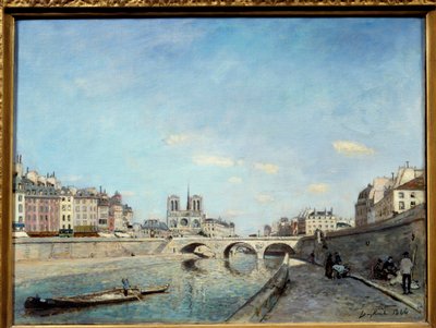 Kilátás a Szajna partjára és a Cathedrale Notre Dame de Paris Egy peniche a folyón. Johan Barthold Jongkind (1819-1891) festménye 1864 V. 0,42x0,56 m Párizs, musee d