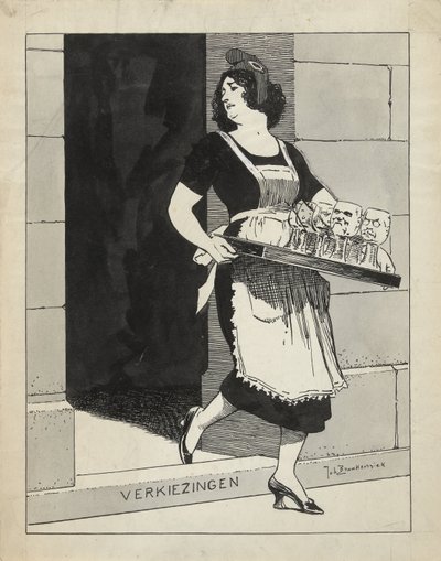 Illusztráció a De Amsterdammerben: A holland szűz cselédlányként egy pohártálcával megbotlik a lépcsőn. Választások (1924. május 17.) alkotó: Johan Braakensiek