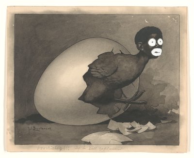 Illusztráció a De Amsterdammerben: egy fekete ember kikel a tojásból (1930. április 19.) alkotó: Johan Braakensiek