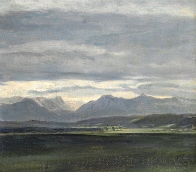Tanulmány egy tájról, púderkék égbolt a hegyek felett alkotó: Johan Christian Dahl