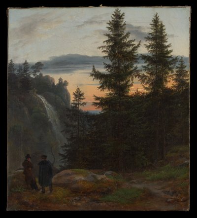 Két férfi egy vízesés előtt naplementekor alkotó: Johan Christian Dahl