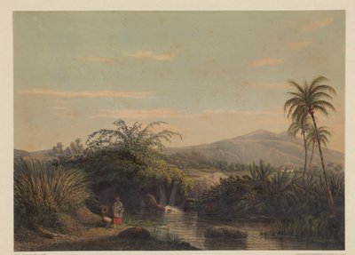 Két figura egy jávai víznyelőnél Kilátás az országra Tjiliboet (Buitenzorg asszisztensi rezidencia) (cím a tárgyon) alkotó: Johan Conrad Greive