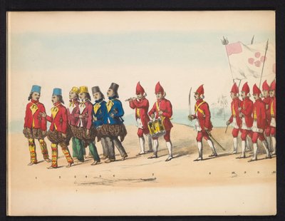 A delfti hallgatók maskarádéja, 1857 (1. tábla) A delfti diáktestület tagjai által 1857. május 5-én tartott jelmezes felvonulás a djokjokartai szultán garebeg körmenetét és a legjellemzőbb holland típusokat ábrázolva. alkotó: Johan Hendrik Hoffmeister