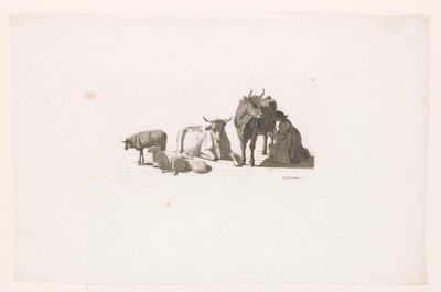 Nő fejés egy tehenet, szarvasmarha és juh. alkotó: Johan Jakob Biedermann
