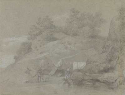 Folyó egy sziklás part mellett alakokkal, esetleg Indiában alkotó: Johan Joseph Zoffany