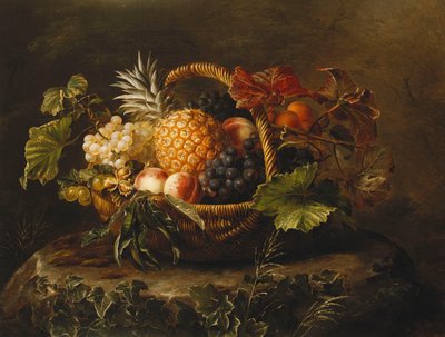 Ananász, szőlő, őszibarack és sárgabarack egy kosárban, alkotó: Johan Laurents Jensen