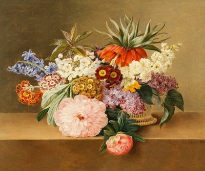 Írisz, lila, primula, virág és bazsarózsa kosárban, alkotó: Johan Laurents Jensen