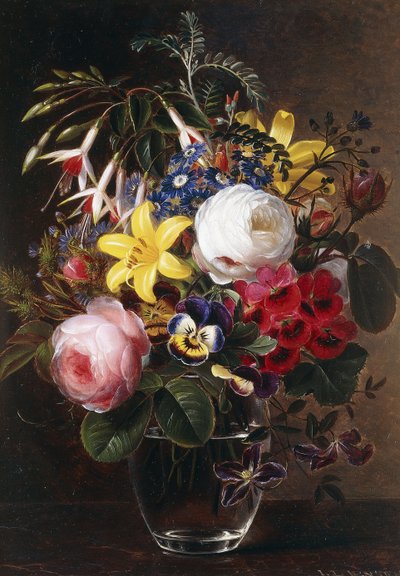 Rózsa, liliom, árvácskák és más virágok vázában, alkotó: Johan Laurents Jensen