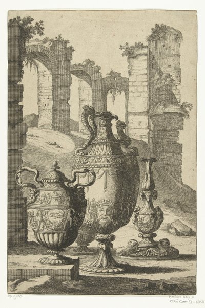Három váza és egy gyertyatartó Materiam superabat opus (cím a tárgyon) Vázák és gyertyatartók (sorozat címe) alkotó: Johan Teyler (attributed to)