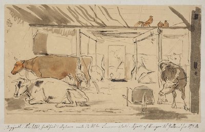 Tehénistálló egy parasztházban, beragasztott a 19. oldalon f.n. alkotó: Johan Thomas Lundbye