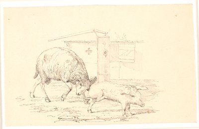 A kos és a disznó. Illusztráció Kaalund "Fables for Children" című művéhez. Lásd a lapkatalógus megjegyzését. alkotó: Johan Thomas Lundbye