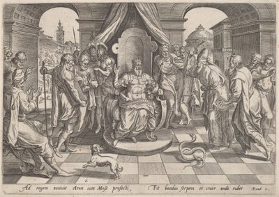 Mózes és Áron a fáraó előtt alkotó: Johan Wierix, after Maarten van Cleef
