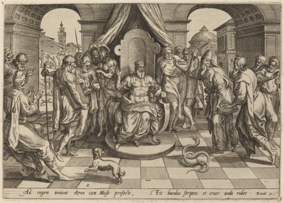 Mózes és Áron a fáraó előtt alkotó: Johan Wierix, after Maarten van Cleef