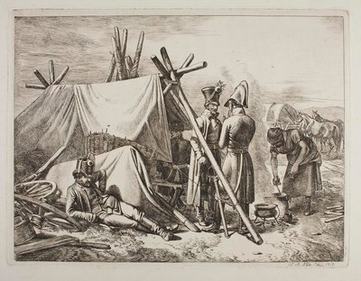 Osztrák katonák egy katonai árus sátra mellett alkotó: Johann Adam Klein