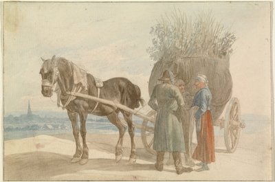 Osztrák parasztok lóval és szekérrel, a távolban Bécsre néző kilátással alkotó: Johann Adam Klein
