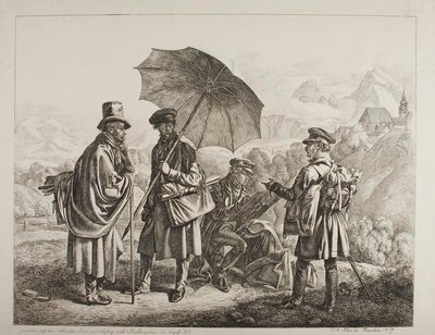 Ernst Welker, Johann Christoph Erhard, valamint Heinrich és Friedrich Philipp Reinhold fivérek festői utazása Salzburgtól Berchtesgadenig 1818 augusztusában alkotó: Johann Adam Klein