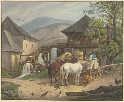 Vágó- és őrlőmalom a stickelbergi völgyben, Wiener Neustadt közelében, a magyar határnál alkotó: Johann Adam Klein