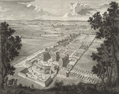 Perspektív madártávlatból a pommersfeldeni Weißenstein kastély menageriája alkotó: Johann August Corvinus